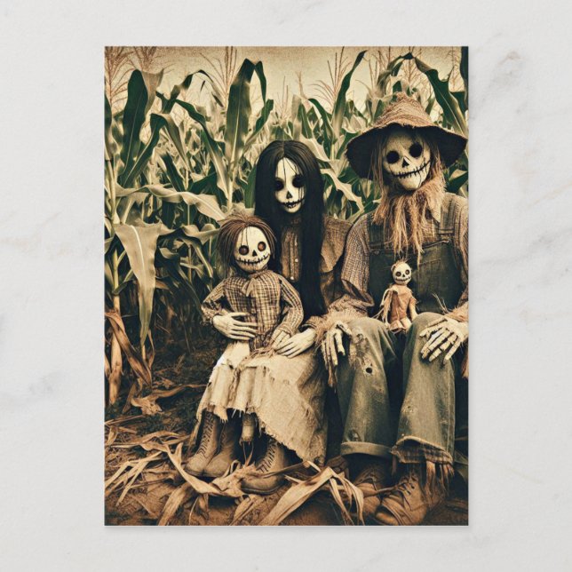 Creepy Scarecrow family in cornfield horror photo Postcard (Front)