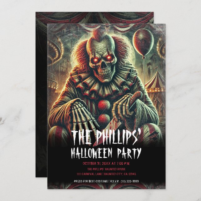 Creepy Scary Carnival Clown Halloween Party Invitation (Front/Back)