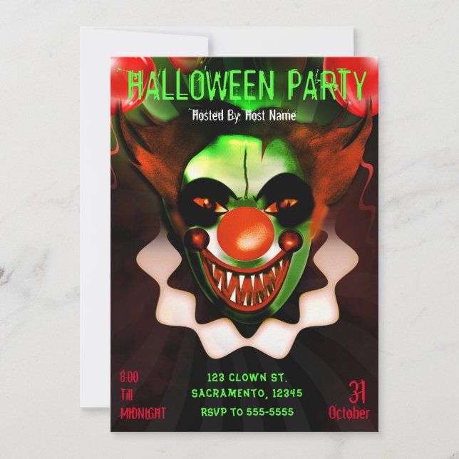Creepy Scary Evil Clown Halloween Birthday Party Invitation (Front)