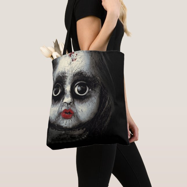 Creepy Scary Goth Porcelain Doll Halloween Tote Bag (Close Up)