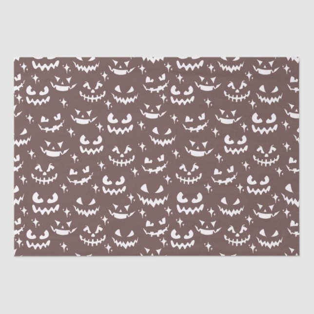 Creepy Scary Jack-O' Lantern Faces Brown Halloween Tissue Paper (Front)