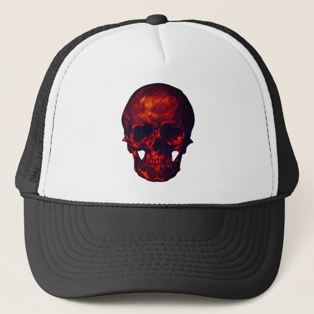 Creepy Scary Spooky Red Skull Trucker Hat (Front)