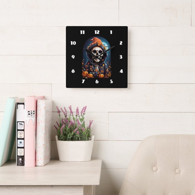 Creepy Skeleton & Autumn Pumpkins Halloween Square Wall Clock (Reading Room)