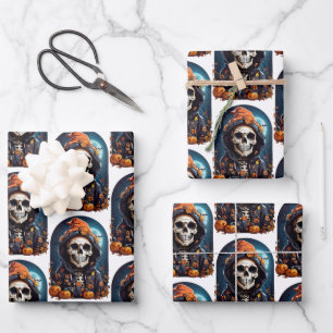 Creepy Skeleton & Autumn Pumpkins Pattern Wrapping Paper Sheet