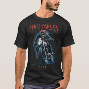 Creepy Skeleton Biker On Motorcycle Halloween Spoo T-Shirt