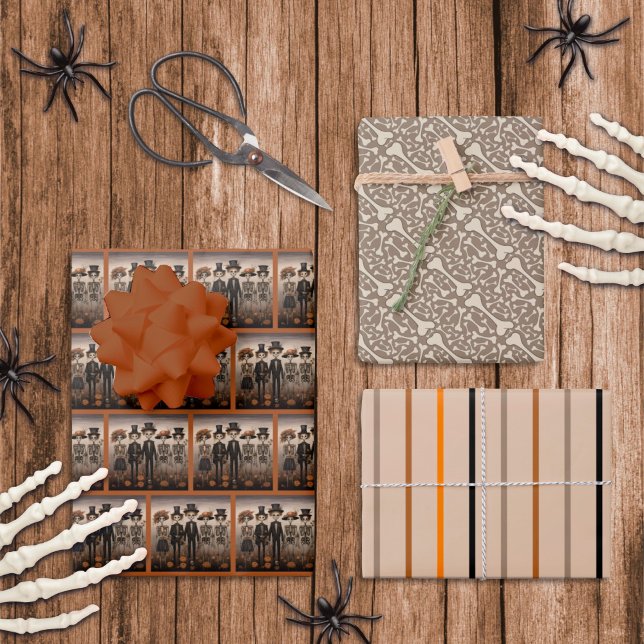 Creepy Skeleton Family Happy Halloween Wrapping Paper Sheet (Creator Uploaded)