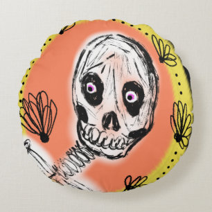Creepy Skeleton Halloween Doodle Round Cushion