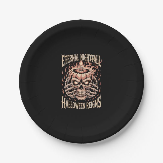 Creepy Skeleton Hands Pumpkin Skull Paper Plate (Front)