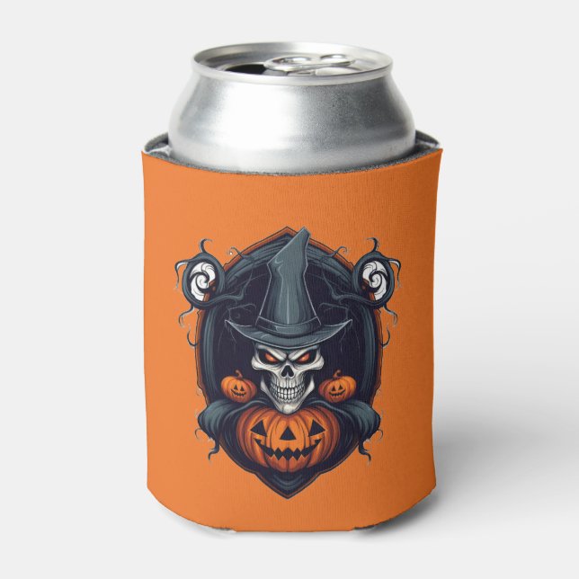 Creepy Skull and Pumpkins Halloween Can Cooler (Can Front)