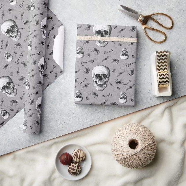 Creepy Skull and Spiders Pattern Halloween Wrapping Paper (Crafts)