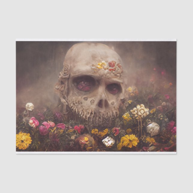 Creepy Skull in Flower Garden Decoupage Tissue Paper (Front)