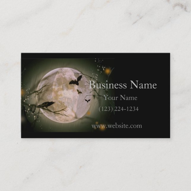 Creepy Skull in Full Moon with Flying Birds & Tree Business Card (Front)