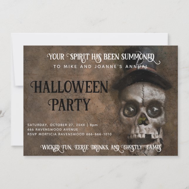 Creepy Skull in Top Hat Halloween Party Invitation (Front)