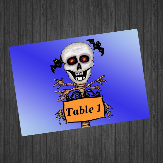 Creepy Skull Tree Beware Sign Bats Table Number (Laughing creepy skull tree branch arms bats Orange sign on vibrant blue even table number cards.)