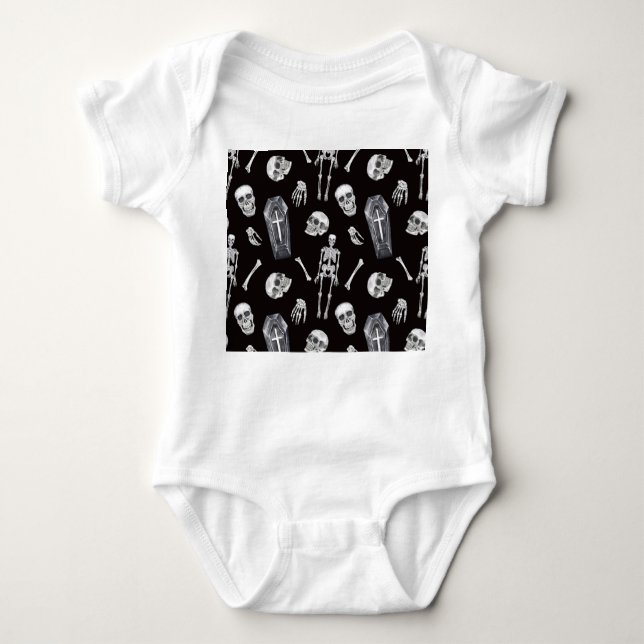 Creepy Skulls: Halloween Watercolor Pattern Baby Bodysuit (Front)