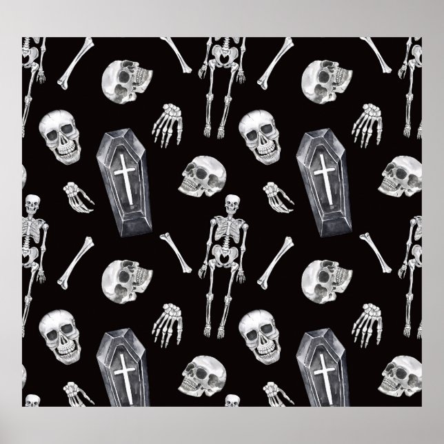 Creepy Skulls: Halloween Watercolor Pattern Poster (Front)