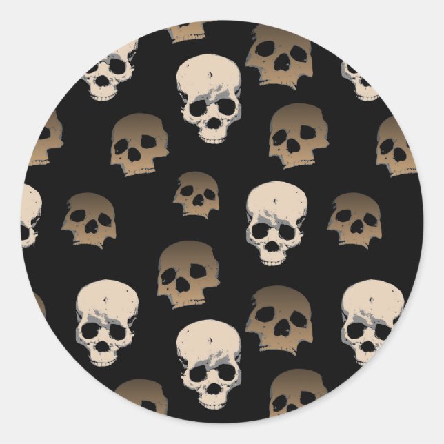 Creepy Skulls Pattern 3D Effect Black Background Classic Round Sticker (Front)
