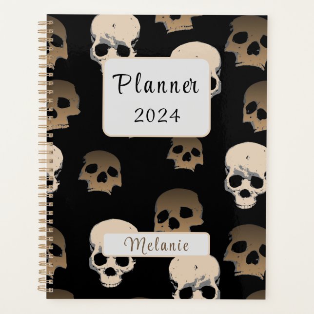 Creepy Skulls Pattern 3D Effect Black Background Planner (Front)