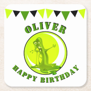 Creepy Slime Monster Kid`s Name Happy Birthday Square Paper Coaster