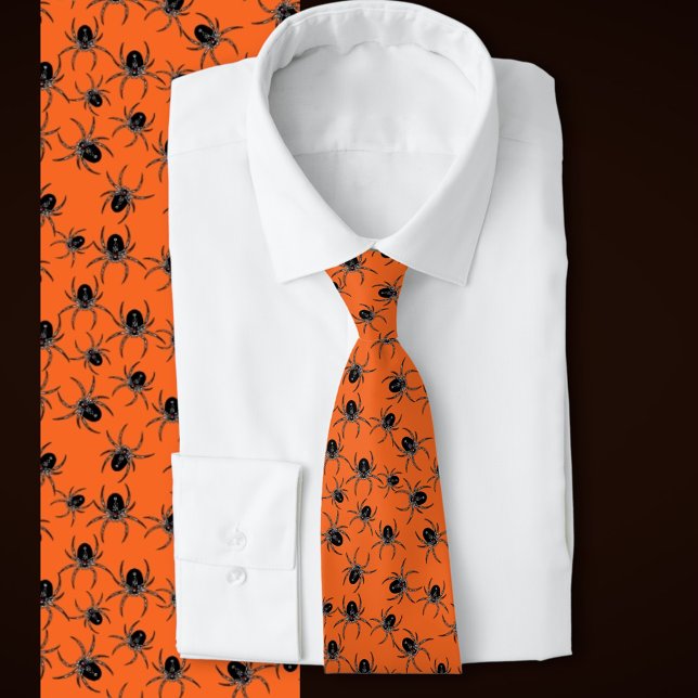 Creepy Spiders Tie (Black spiders on a Halloween orange background )
