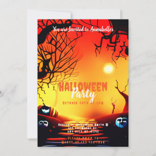 Creepy Sunset Orange Red Pumpkins Halloween Party Invitation