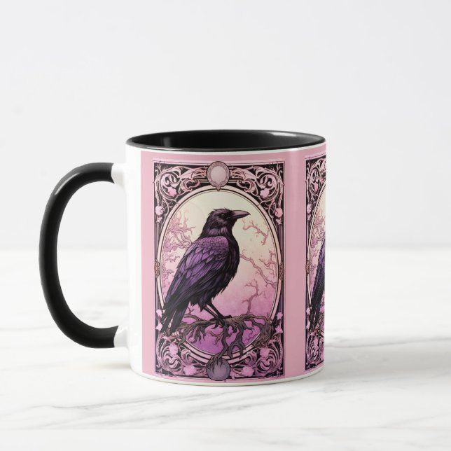 Creepy Tarot Black Crow Pink Halloween Mug (Left)