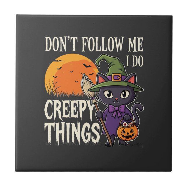Creepy Things Halloween Cat Witch Design_1 Ceramic Tile (Front)