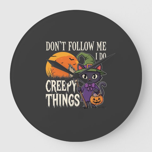 Creepy Things Halloween Cat Witch Design_1 Large Clock (Front)
