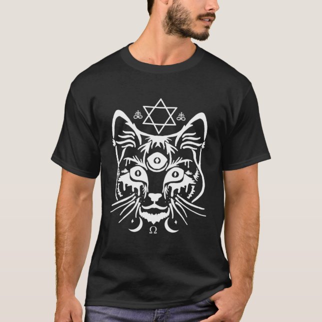 Creepy Three Eyed Cat Occult Gothic Kitten Satanis T-Shirt (Front)