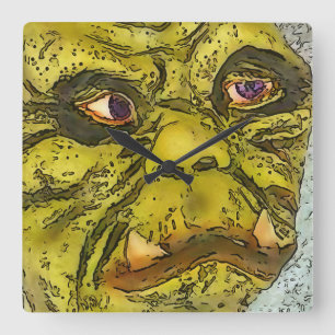 Creepy Turtle Monster Black Outline Cartoon Square Wall Clock