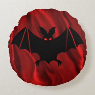 Creepy Vampire Bat on Red Silk Halloween Round Cushion
