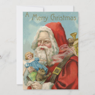 Creepy Vintage Santa Smoking Pipe Toys Christmas Holiday Card