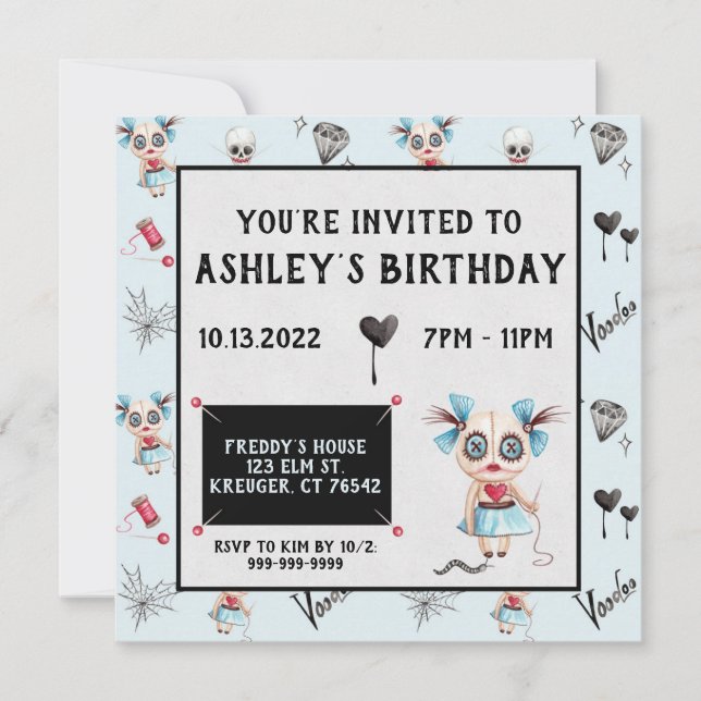 Creepy Voodoo Doll Witchy Birthday Invitation (Front)