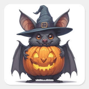 Creepy Witch Bat Holding Jack O Lantern 🦇 Square Sticker
