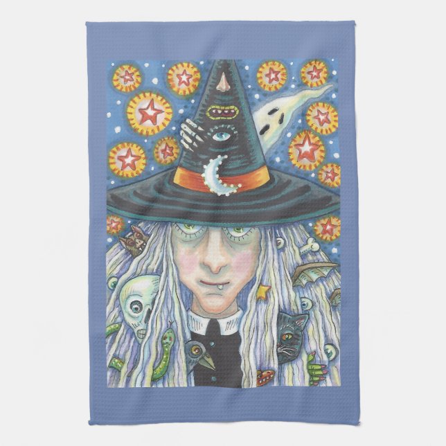 CREEPY WITCH EVIL EYE HALLOWEEN GOTH KITCHEN TOWEL (Vertical)