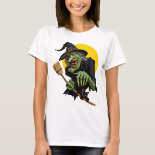 CREEPY WITCH with BROOM and BLACK CAT T-Shirt