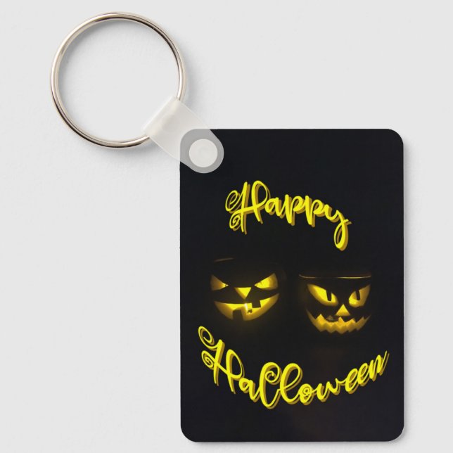 Creepy yellow glow pumpkin face Happy Halloween Key Ring (Front)