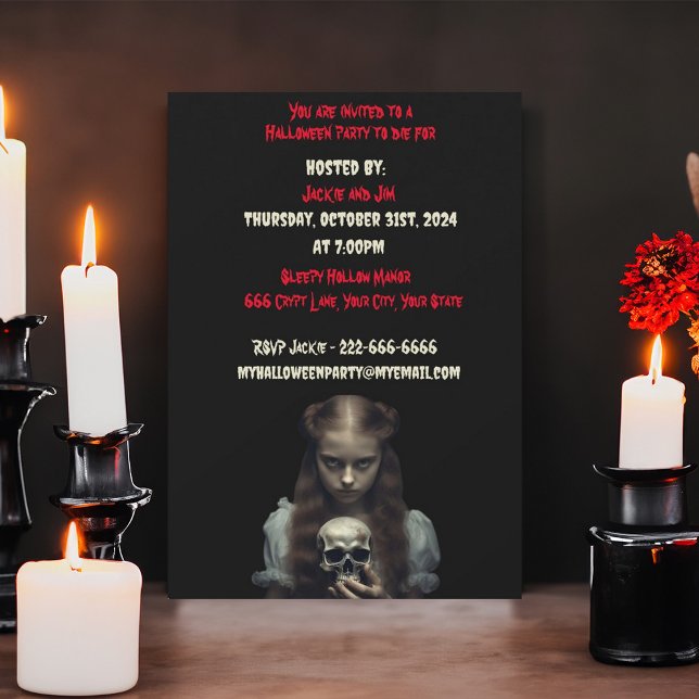 Creepy Young Girl With Skull Halloween Party Invitation (Creator Uploaded)