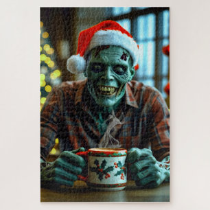 Creepy Zombie enjoying a hot drink on Christmas! Jigsaw Puzzle