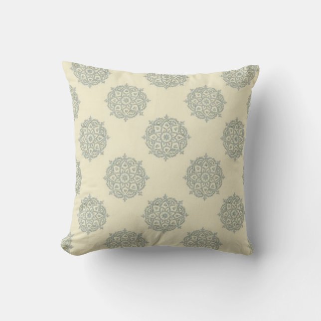 Creme and Baby Blue Medallion Throw Pillow (Front)