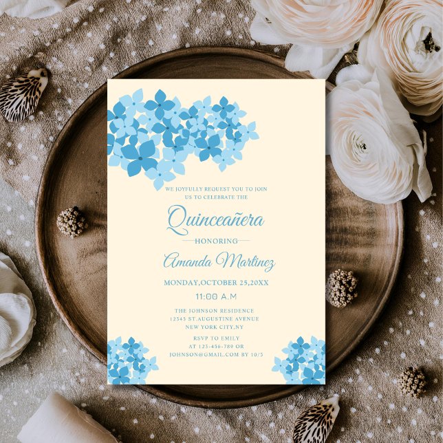 creme and blue hydrangea floral unique quinceañera invitation (Creator Uploaded)