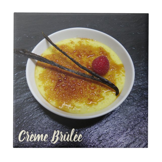Creme brulee on slate with raspberry and vanilla ceramic tile (Front)
