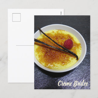 Creme brulee on slate with raspberry and vanilla holiday postcard