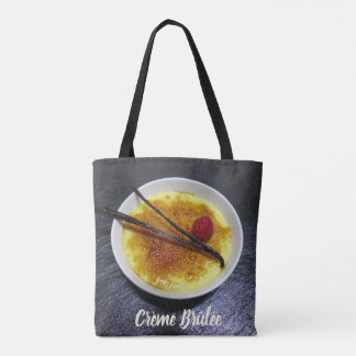 Creme brulee on slate with raspberry and vanilla tote bag