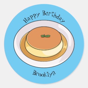 Creme caramel cartoon illustration classic round sticker