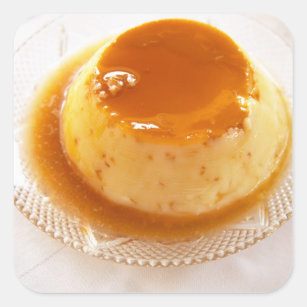 Creme caramel type of pudding with caramel square sticker