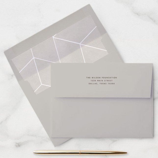 Creme Geometric Gala Return Address Envelope (Gray return address envelope with watercolor geometric liner.)