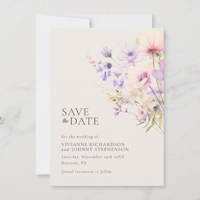 Creme Lavender Purple Violet Wild Flowers Wedding Save The Date (Front)
