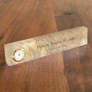 Creme Marble Desk Nameplate With Clock
