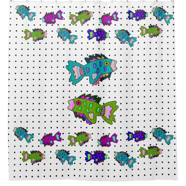Crepe Paper Fish on Polka Dots Shower Curtain (Front)
